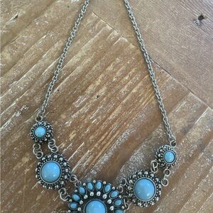 Vtg BOHO SILVER-TONE FAUX TURQUOISE SOUTHWESTERN DESIGN NECKLACE CHAIN STATEMENT